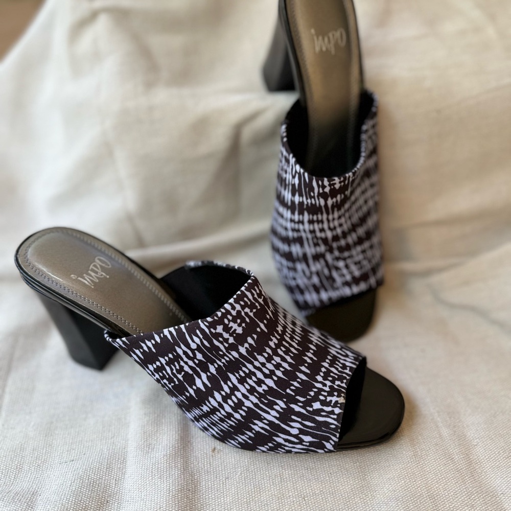 Women's Black and White Heeled Mules